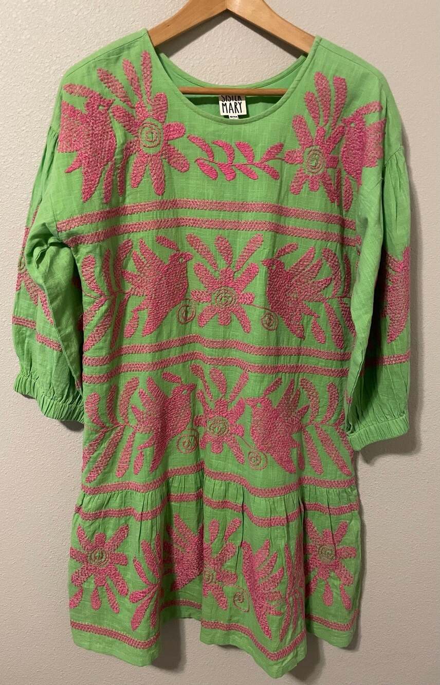 Sister Mary Lora May Dress Womens S M Green Pink Floral Embroidered Lined Boho